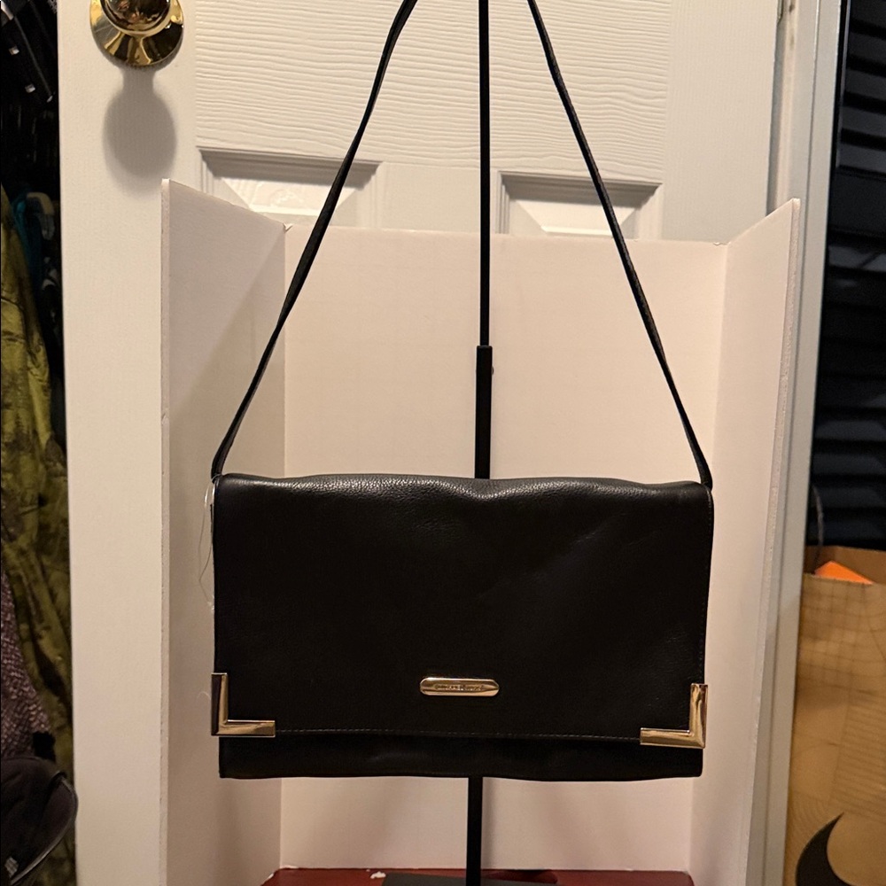 Michael Kors Beverly Black Leather oversized clutch on strap with Gold Accents